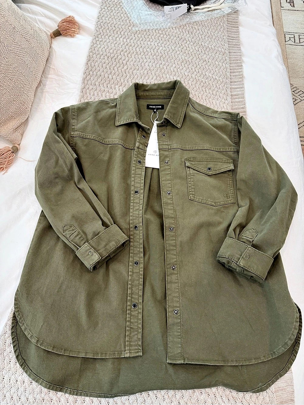 ANINE BING Oversized Utility Work Shirt in Green Size XS NWT